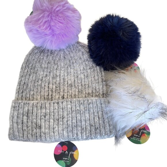 Anthropologie PickA Pom Beanie Stocking Hat Grey Set 3 Poms Blue White Plush NWT main image 5